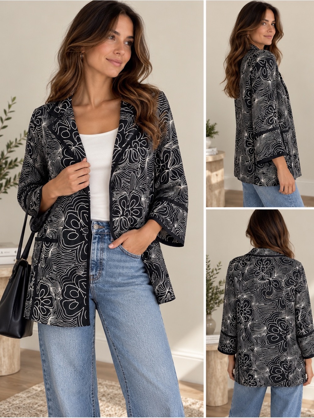 Chico’s Size 3 Black White Floral Jacket Art to Wear Artsy Boho XL